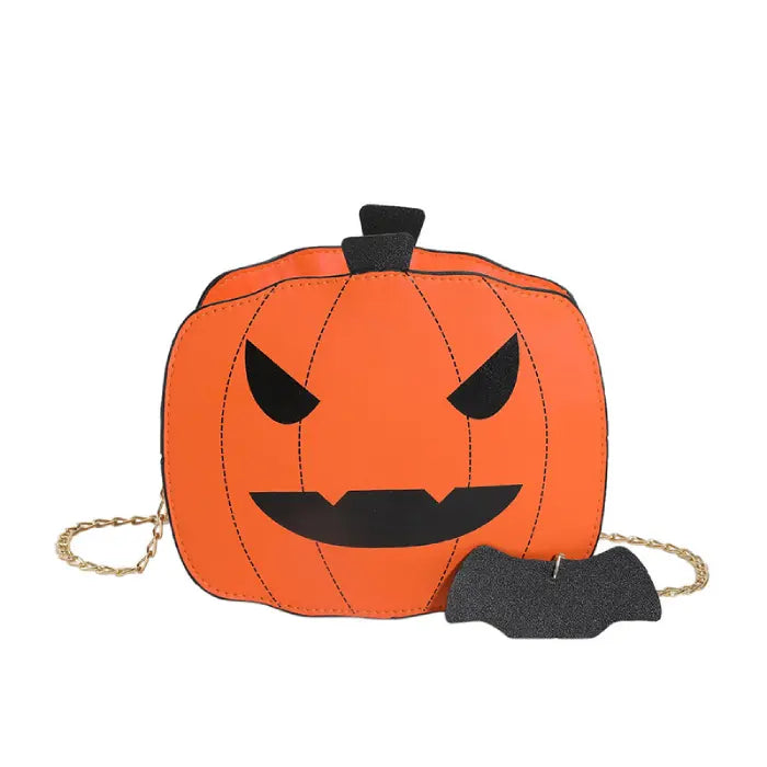 Orange Halloween Pumpkin Head bag with black face and bat charm on white background