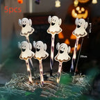 Halloween Pumpkin LED lights ghost stakes set of 5 with glowing wands and size dimensions displayed