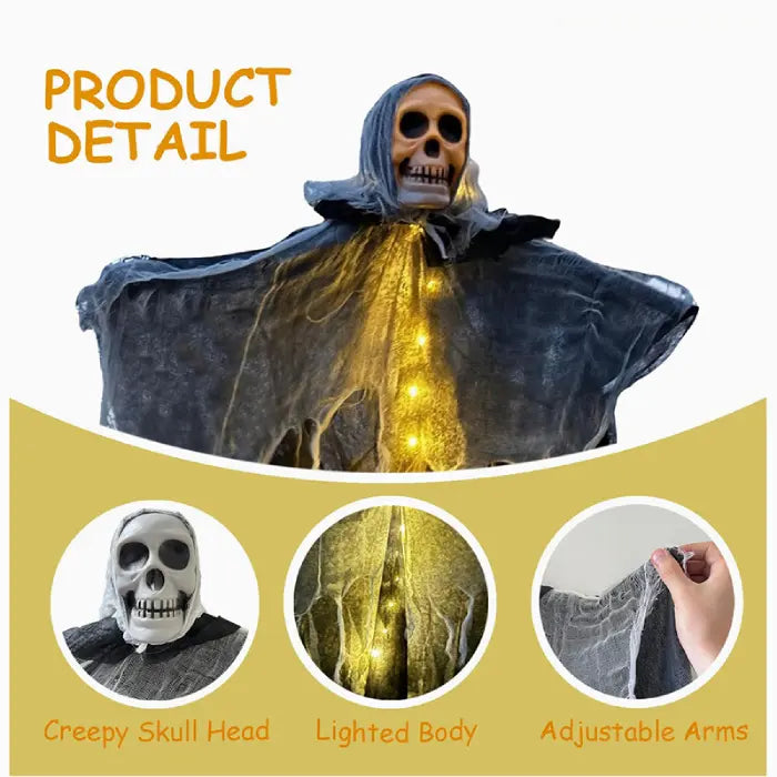 Halloween skeleton decor showing lighted body, skull head, and adjustable arms in product detail view.
