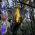 Halloween skeleton ghosts with multicolor and yellow lights hanging on tree for spooky outdoor decorations.