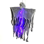 Halloween skeleton ghost with glowing purple lights and black tattered cloth for indoor or outdoor decor.