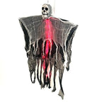 Spooky halloween skeleton ghost glowing with red LED lights and tattered black cloth for festive display.