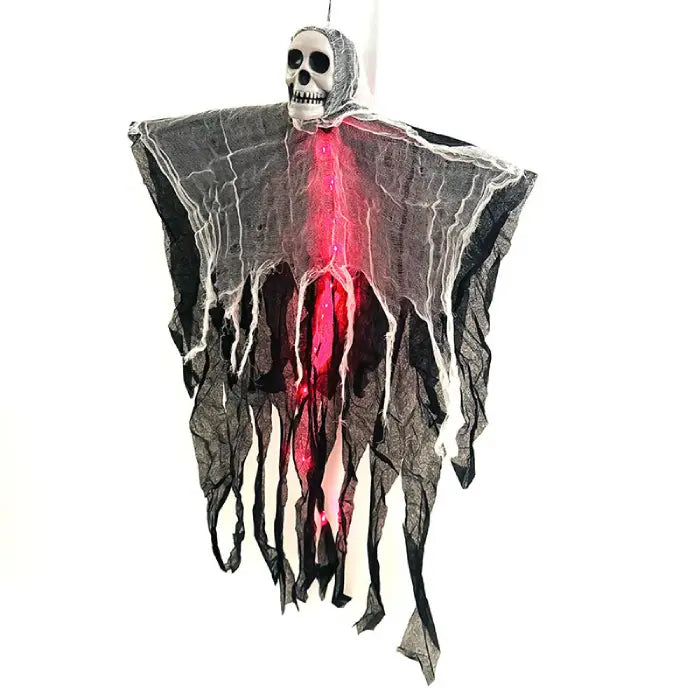 Spooky halloween skeleton ghost glowing with red LED lights and tattered black cloth for festive display.