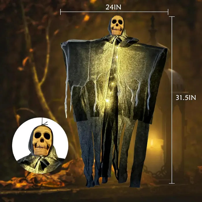 Halloween skeleton ghost decoration with lighted body and 24x31.5 inch size for indoor or outdoor display.