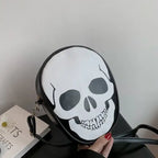 Halloween Skull Bag with black faux leather and bold white skull print in a spooky gothic style.