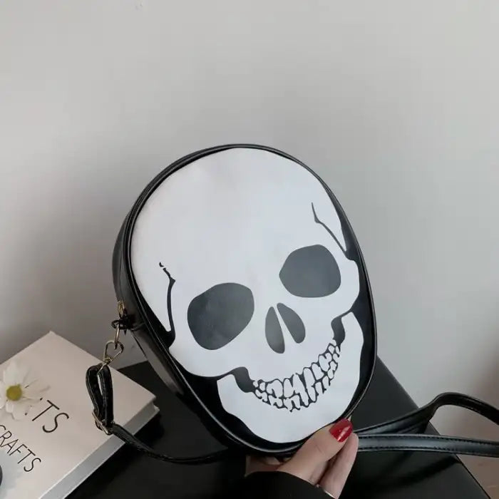 Halloween Skull Bag with black faux leather and bold white skull print in a spooky gothic style.