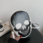 Halloween Skull Bag in white with bold black skull graphic, crossbody strap and edgy design.