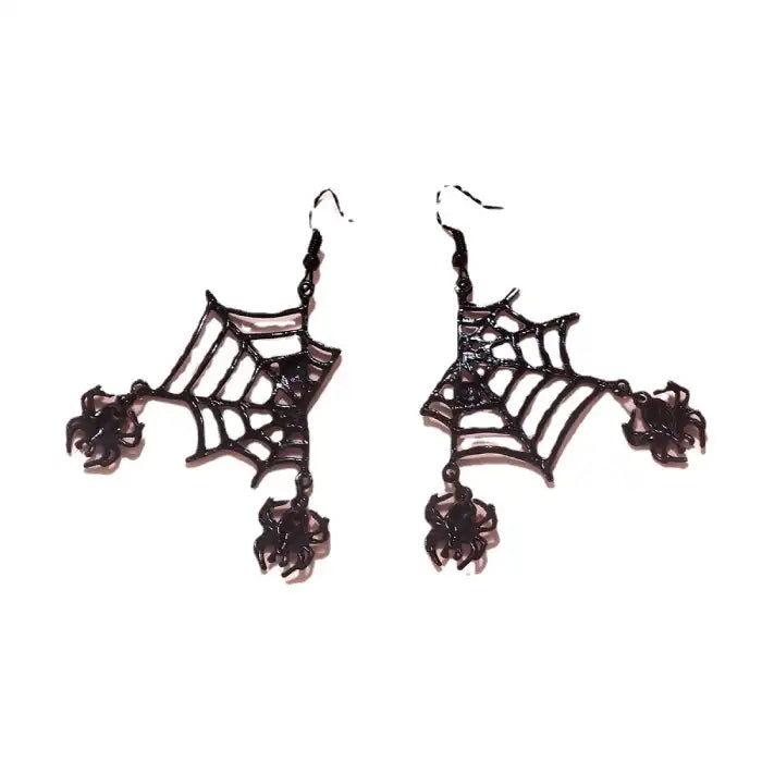 Halloween spider web earrings featuring glossy black finish and dangling red rhinestone spiders