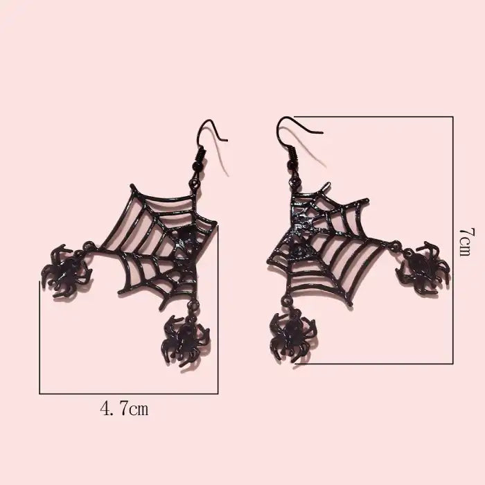 Halloween spider web earrings with red spiders shown with measurements of 7cm by 4.7cm