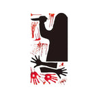 Halloween window decal set with knife silhouette, bloody handprints, arms, and splatters on white background.