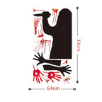Halloween window decal size chart with knife figure, bloody prints, and arms, labeled in centimeters.