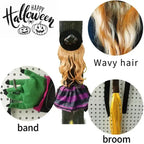 Halloween Witch Outdoor Courtyard Pendant shown with wavy hair, green hands, striped dress and broom.