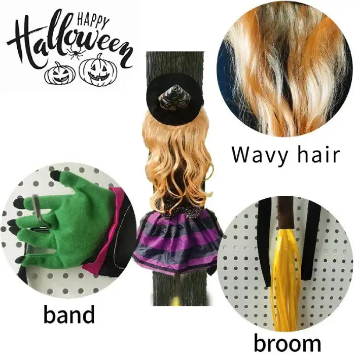 Halloween Witch Outdoor Courtyard Pendant shown with wavy hair, green hands, striped dress and broom.