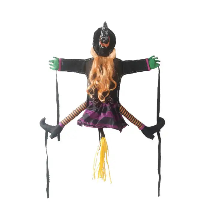 Halloween Witch Outdoor Courtyard Pendant shown fully spread with striped legs and green gloves.