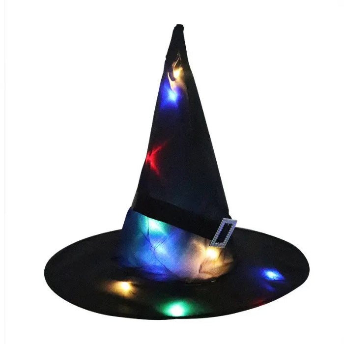 Classic black Halloween witches hat with LED lights and silver buckle for gothic or witch-themed attire.