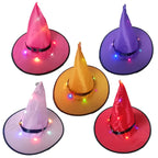 Collection of Halloween witches hats in various colors with LED lights and pointed tops for party wear.