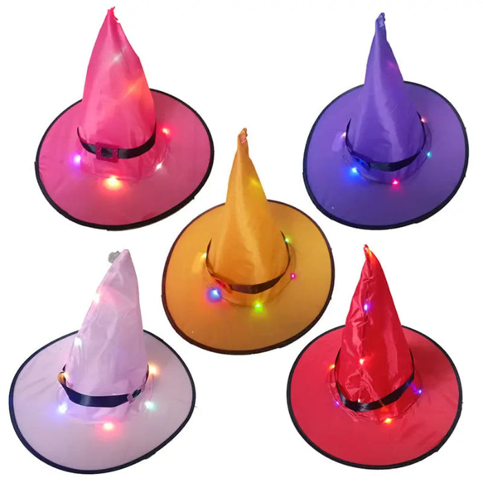 Collection of Halloween witches hats in various colors with LED lights and pointed tops for party wear.