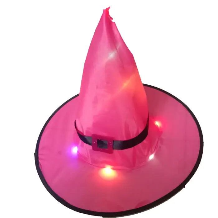 Halloween witches hat in dark pink with illuminated rim and top, includes black belt buckle detail.