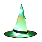 Glowing green Halloween witches hat with light-up LED effect and black band for magical costume looks.