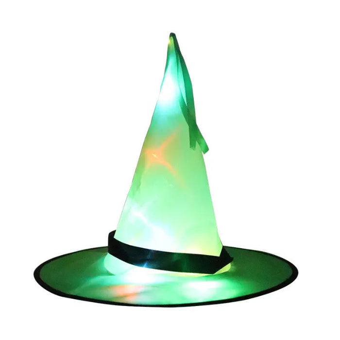 Glowing green Halloween witches hat with light-up LED effect and black band for magical costume looks.