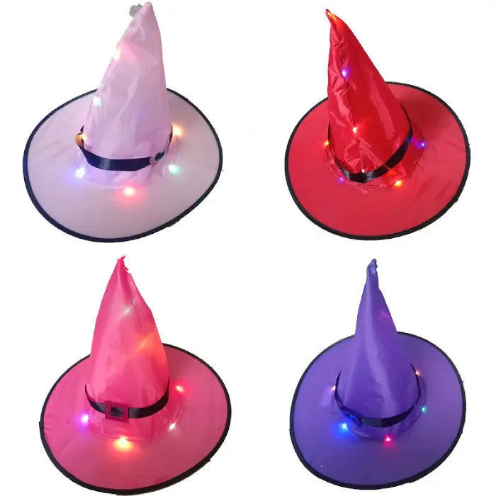 Halloween witches hat pack with four glowing LED hats in pink, red, purple, and white for festive flair.