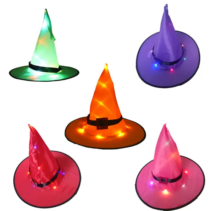 Halloween witches hat in multiple colors with glowing LED lights, perfect for parties or spooky decor.