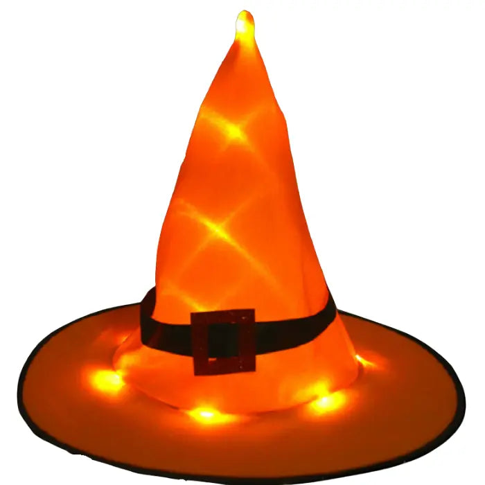 Halloween witches hat in bright orange with glowing LED lights and buckle design for costumes or decor.