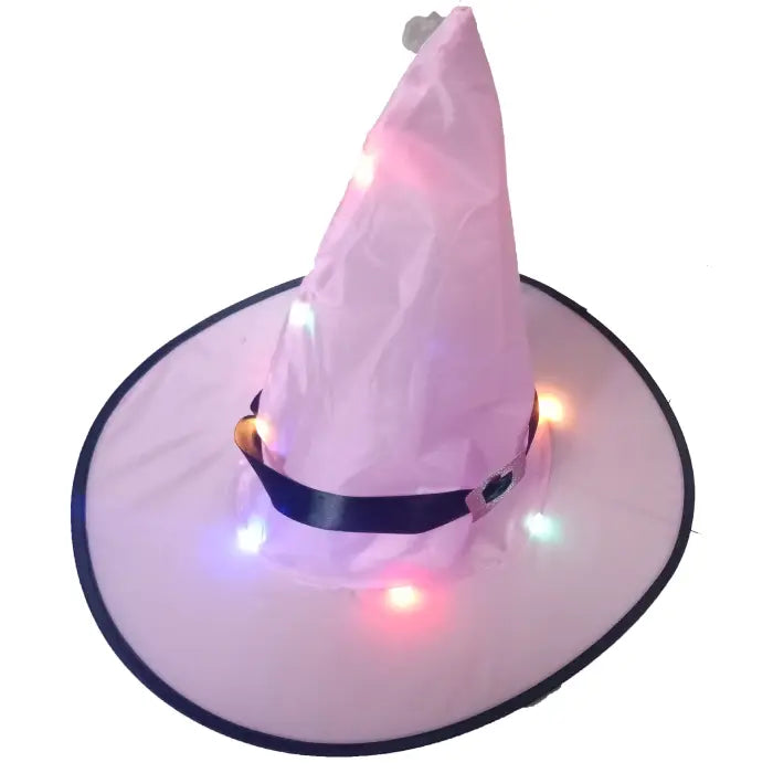 Pink Halloween witches hat with LED lights and buckle belt, ideal for fun and festive costume looks.