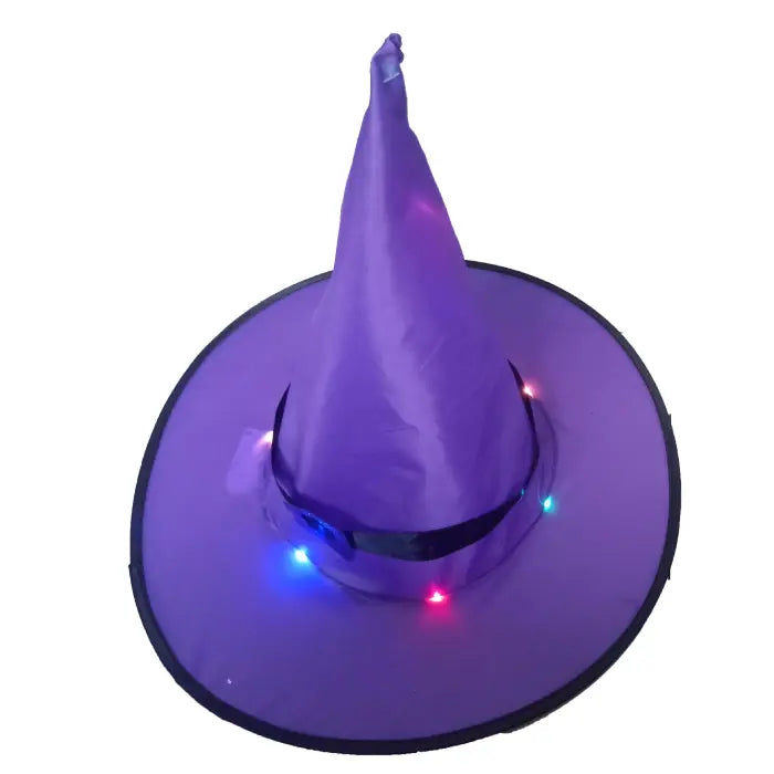 Halloween witches hat in deep purple featuring multi-colored LED lights and classic pointed shape.