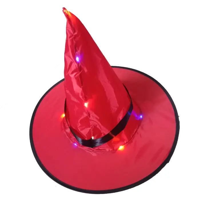 Bright red Halloween witches hat with glowing LED lights and black trim for bold spooky styling.