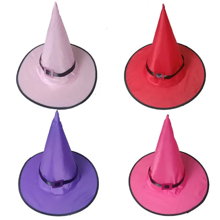 Set of Halloween witches hats in four solid colors with buckle detail, perfect for costumes or decor.