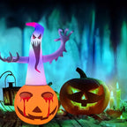 Halloween yard inflatables ghost with glowing pumpkin base surrounded by jack-o'-lanterns and candles.