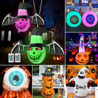 Halloween yard inflatables with LED lights featuring pumpkins, ghosts, witches, and spooky eyeballs.