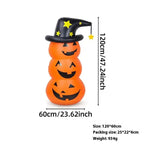 Halloween yard inflatables three stacked pumpkins wearing a witch hat, perfect for front porch decor.