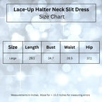 Size chart for lace-up halter neck mini dress, showing measurements for length, bust, waist, and hip in inches.