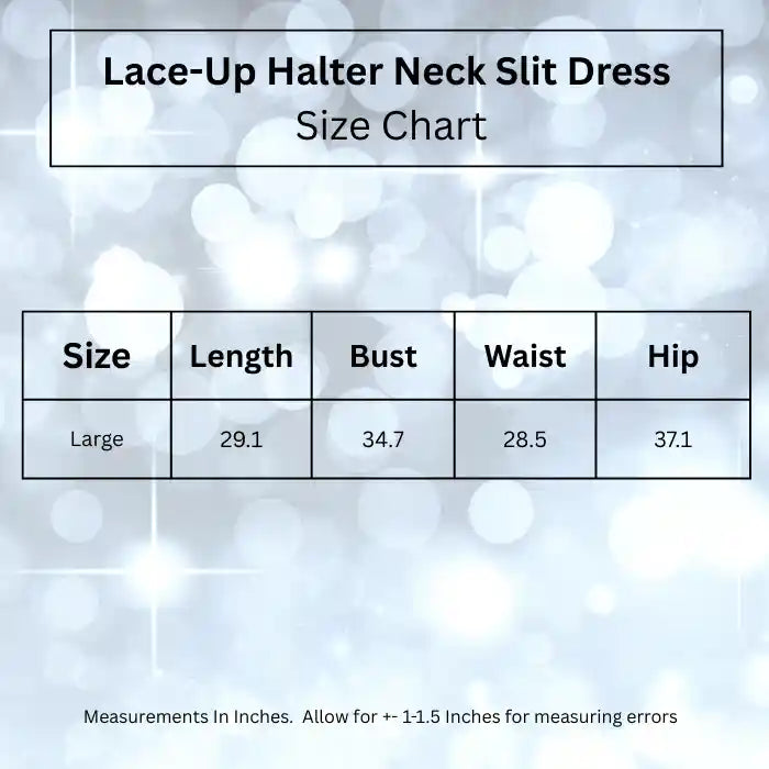 Size chart for lace-up halter neck mini dress, showing measurements for length, bust, waist, and hip in inches.