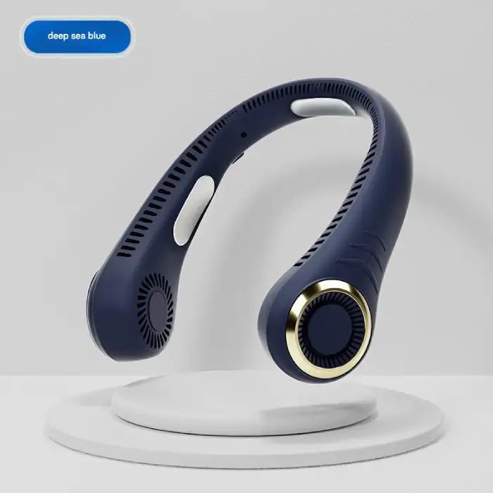 Deep sea blue halterneck fan with sleek gold trim and curved ergonomic neck design on white stand.