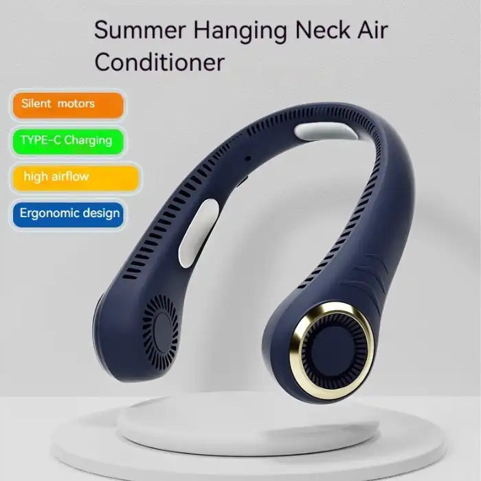 Halterneck fan with silent motors, ergonomic design, and high airflow for portable neck cooling.