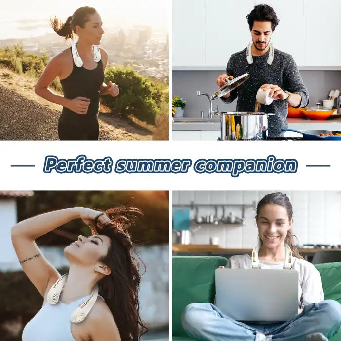 Halterneck fan worn during jogging, cooking, relaxing, and working, ideal for summer activities.