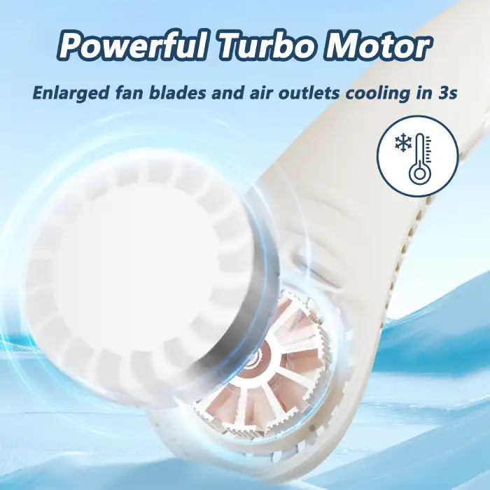 Halterneck fan turbo motor with enlarged fan blades for fast cooling within three seconds.