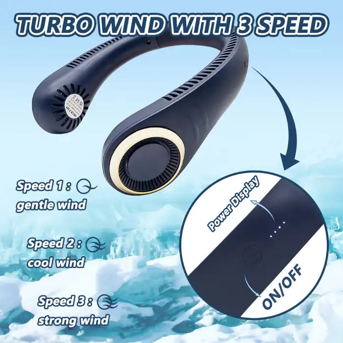 Halterneck fan showing power button and three-speed wind options: gentle, cool, and strong airflow.