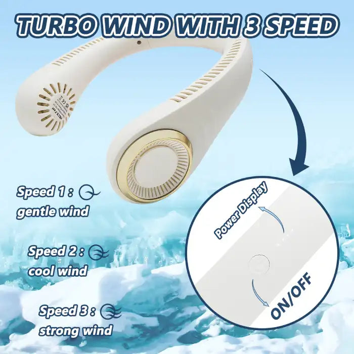 White halterneck fan with three-speed airflow control and power display in icy cooling background.