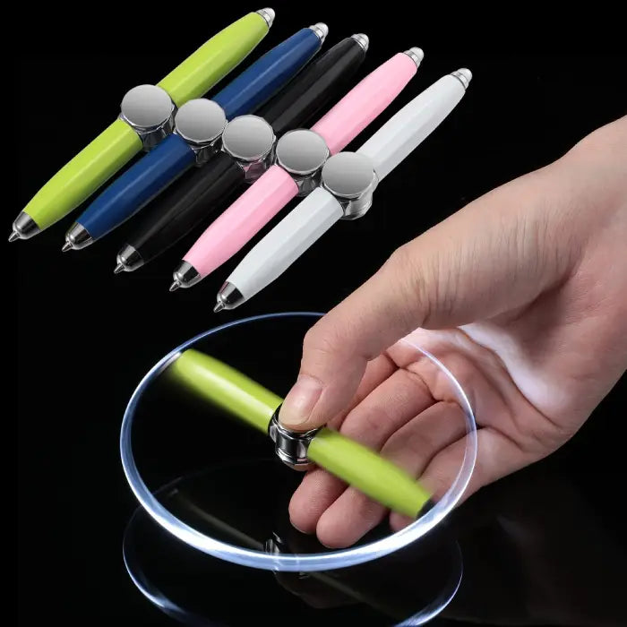 A set of multifunctional pens in various colors doubling as fidget spinners, shown with one being spun on a hand.