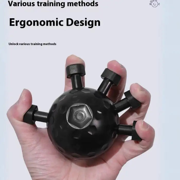 .Hand Strengthener black ergonomic ball gripped in hand for muscle exercise and finger stretch training