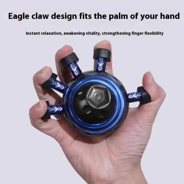  .Hand Strengthener with blue claw arms shown in palm for improved flexibility and finger training