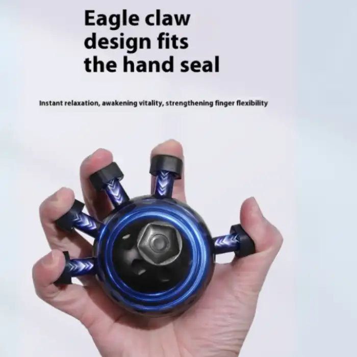 .Hand Strengthener blue-core version with eagle claw design shown in hand for finger flexibility training