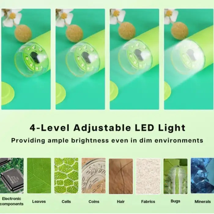 Handheld Microscope with 4-level adjustable LED light for magnifying leaves, coins, bugs, and more.