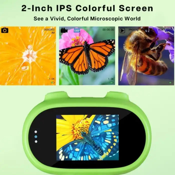 Handheld Microscope with 2-inch IPS screen displaying magnified butterfly, bee, and fruit details.