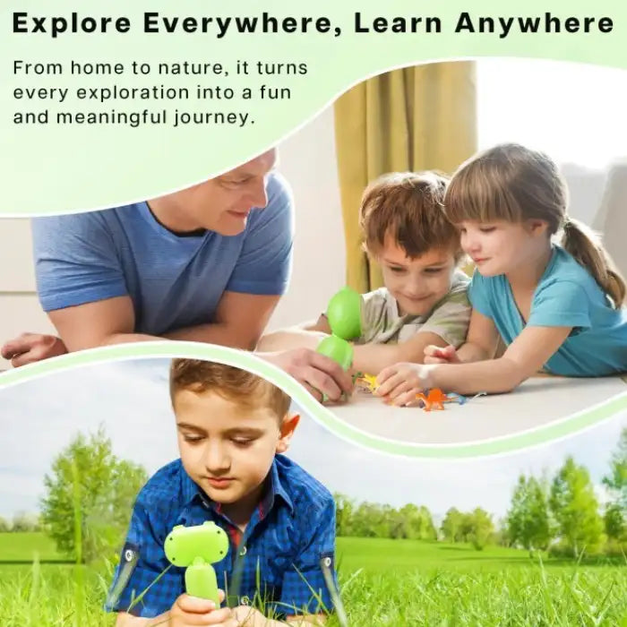 Handheld Microscope used by kids indoors and outdoors for fun, educational nature exploration.