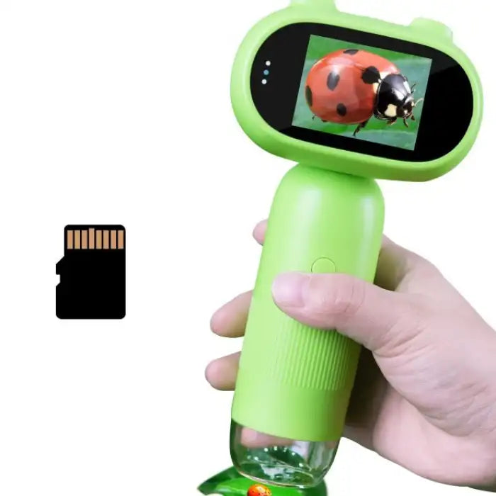 Handheld Microscope showing magnified ladybug on display screen with SD card slot beside.